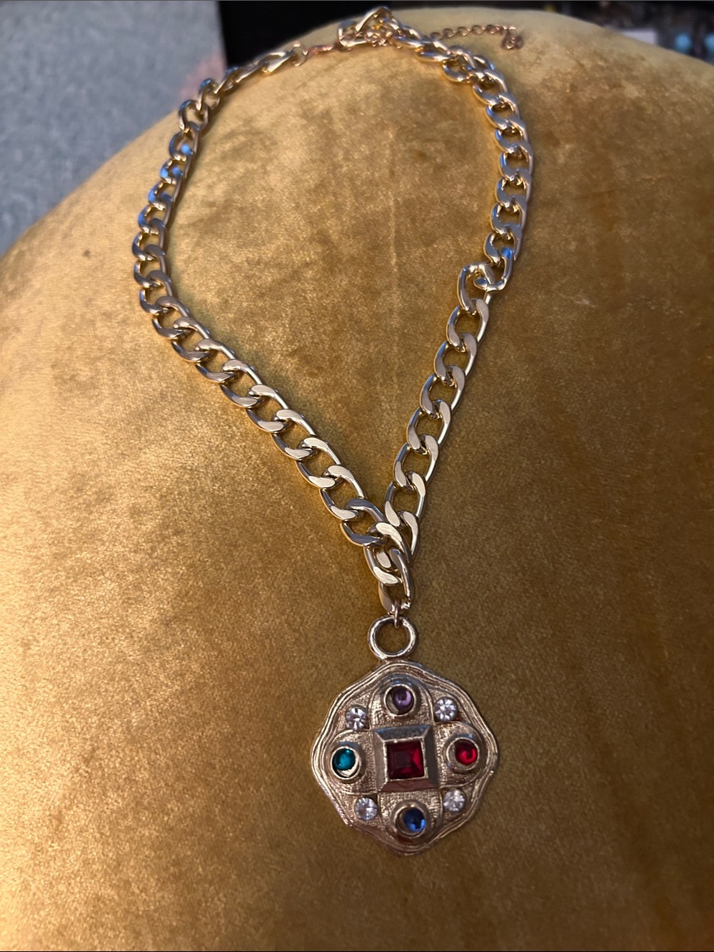 Gold-Tone Chain Necklace with Multicolor Gemstone Medallion